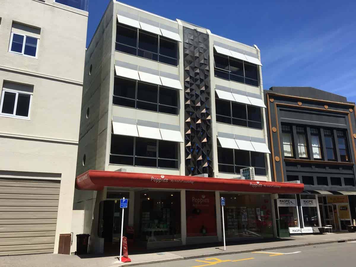 Modern commercial building with distinctive facade in Auckland.