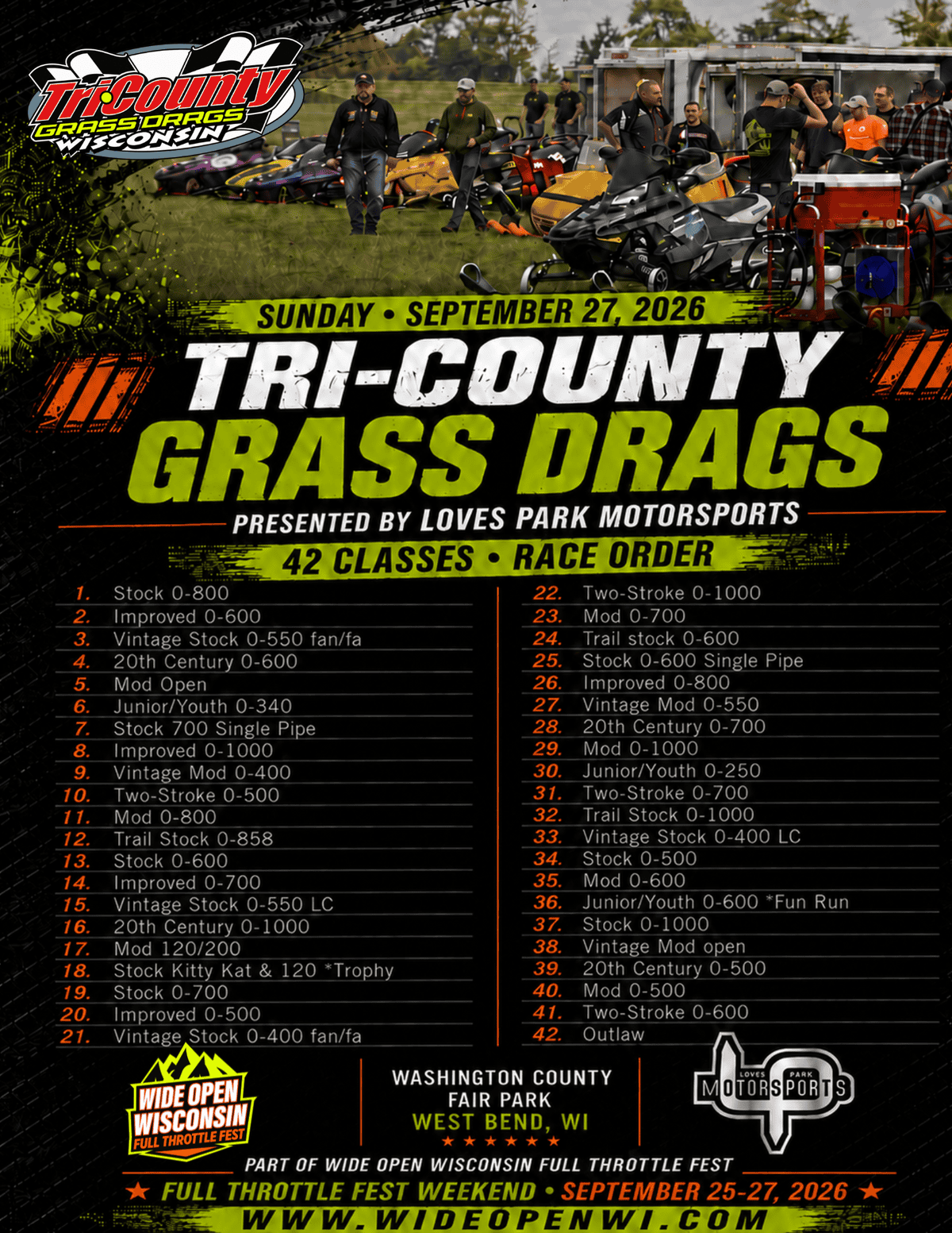 2026 Wide Open Wisconsin Tri-County Grass Drags 46 class race list