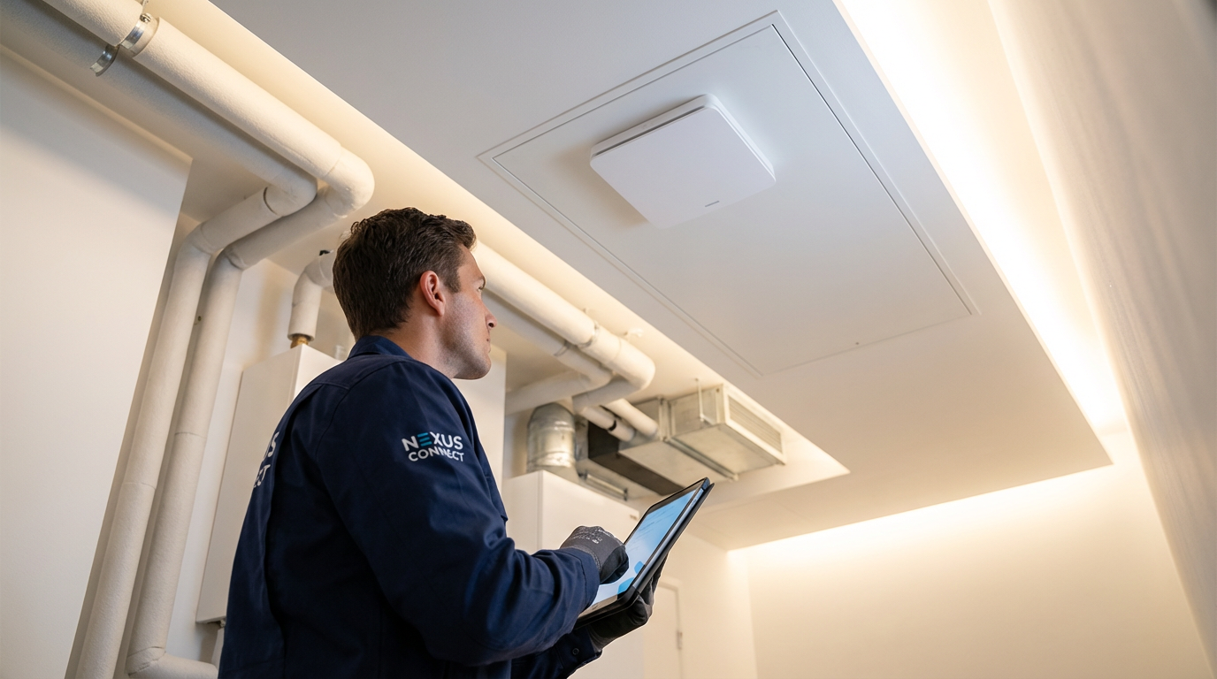 Technician installing fiber optic internet equipment in Akron apartment building utility room