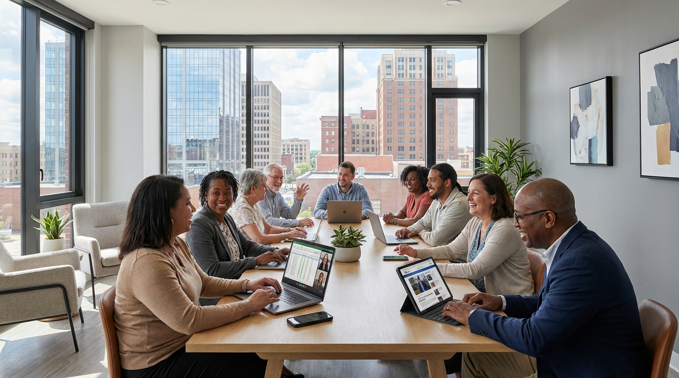 Akron skyline featuring modern apartment complexes with advanced internet infrastructure