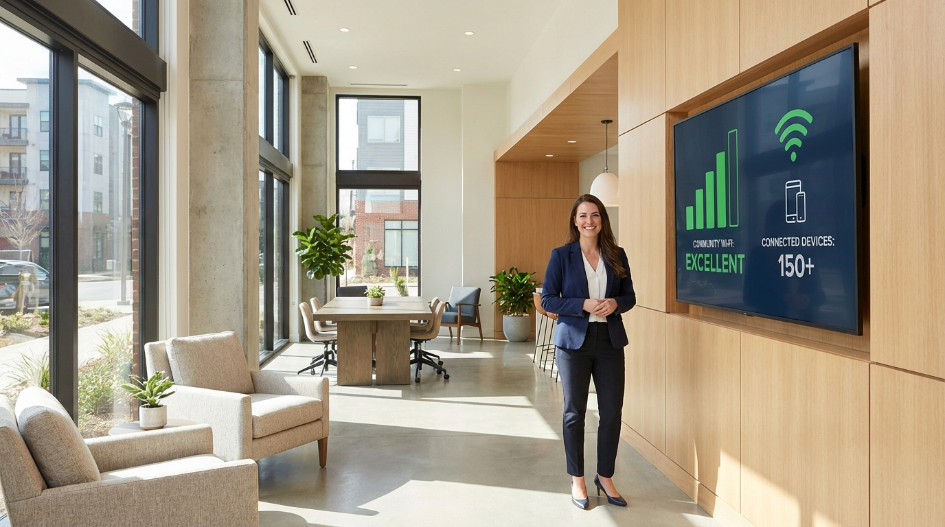 Modern apartment building in Asheville with fiber optic internet installation signage
