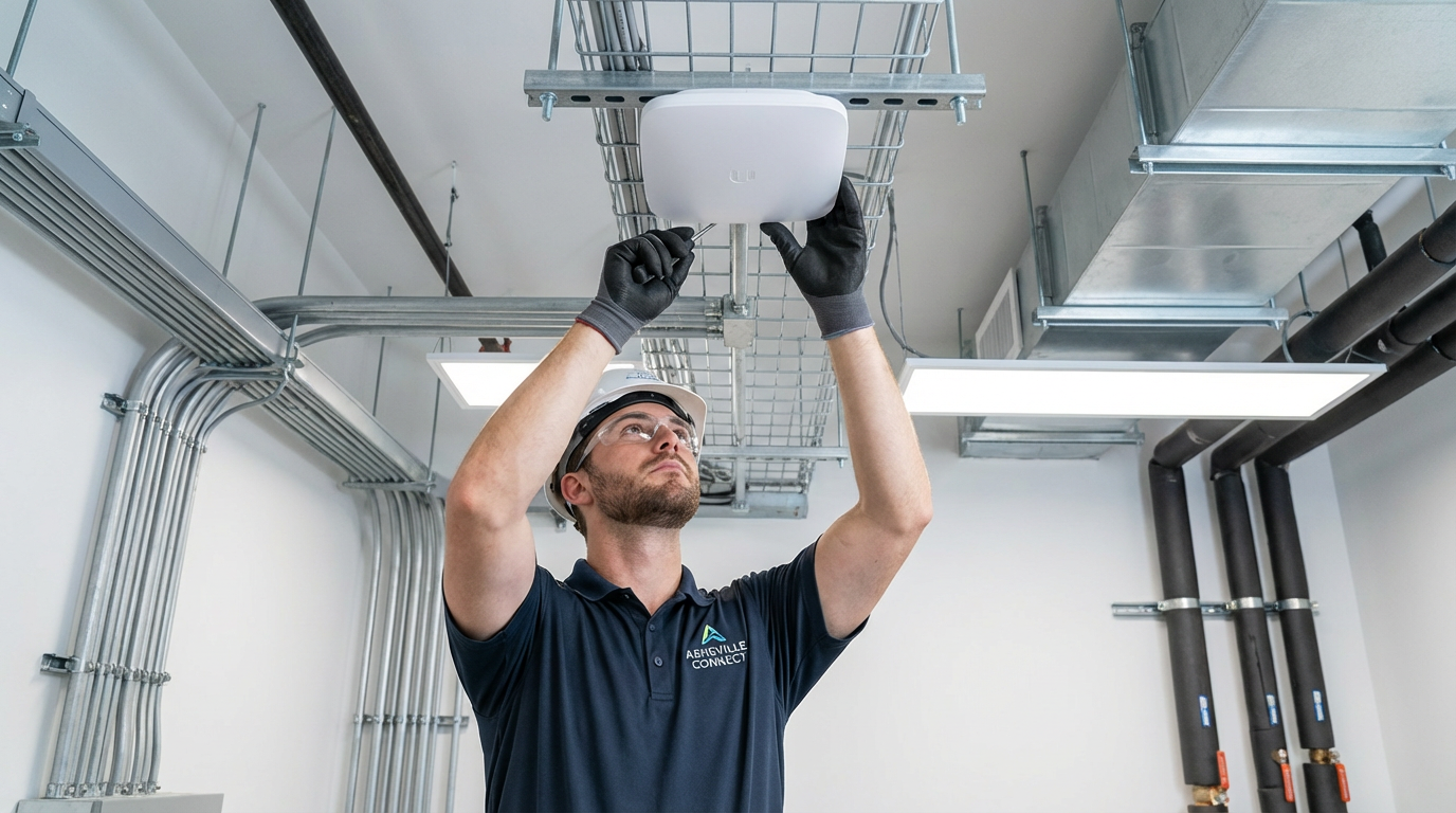 Network technician installing fiber optic equipment in Asheville apartment building utility room