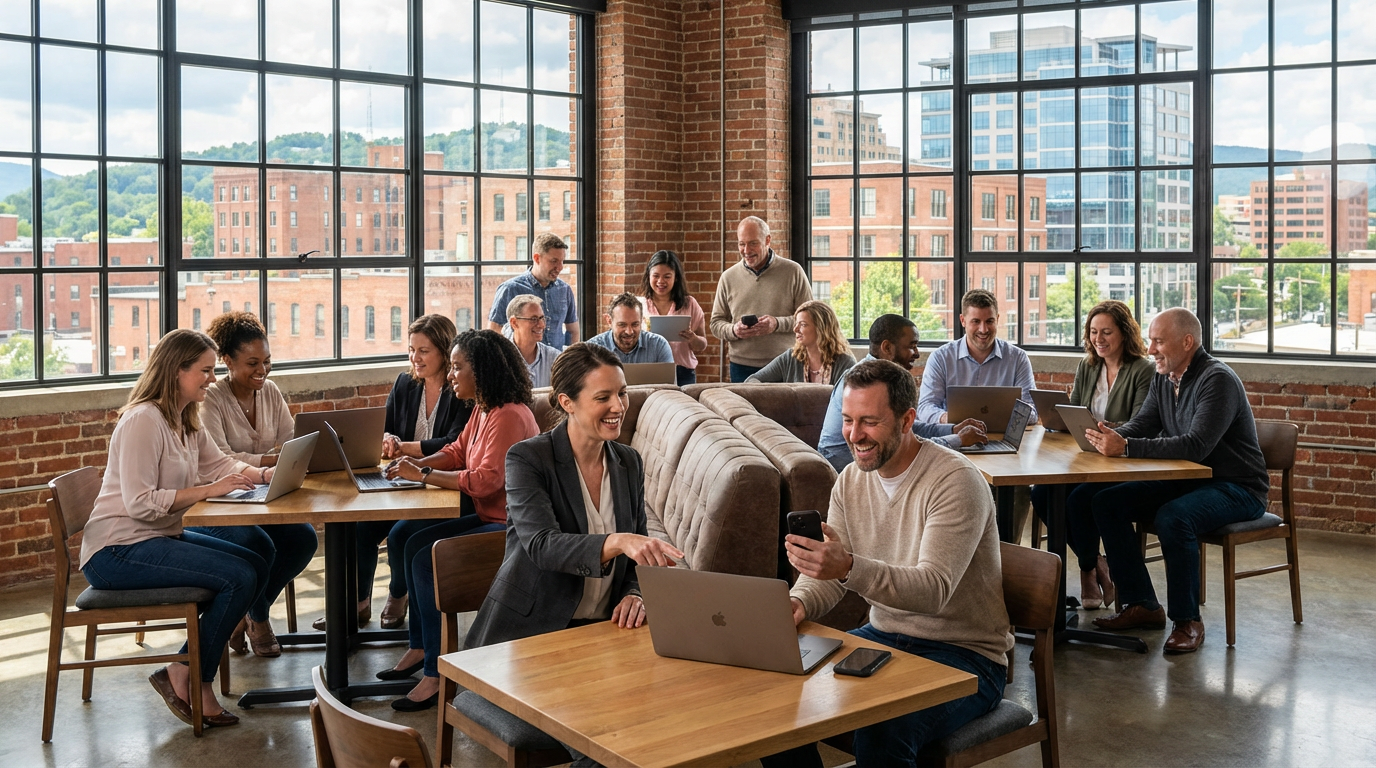 Aerial view of downtown Asheville showing mix of historic and modern multi-dwelling buildings