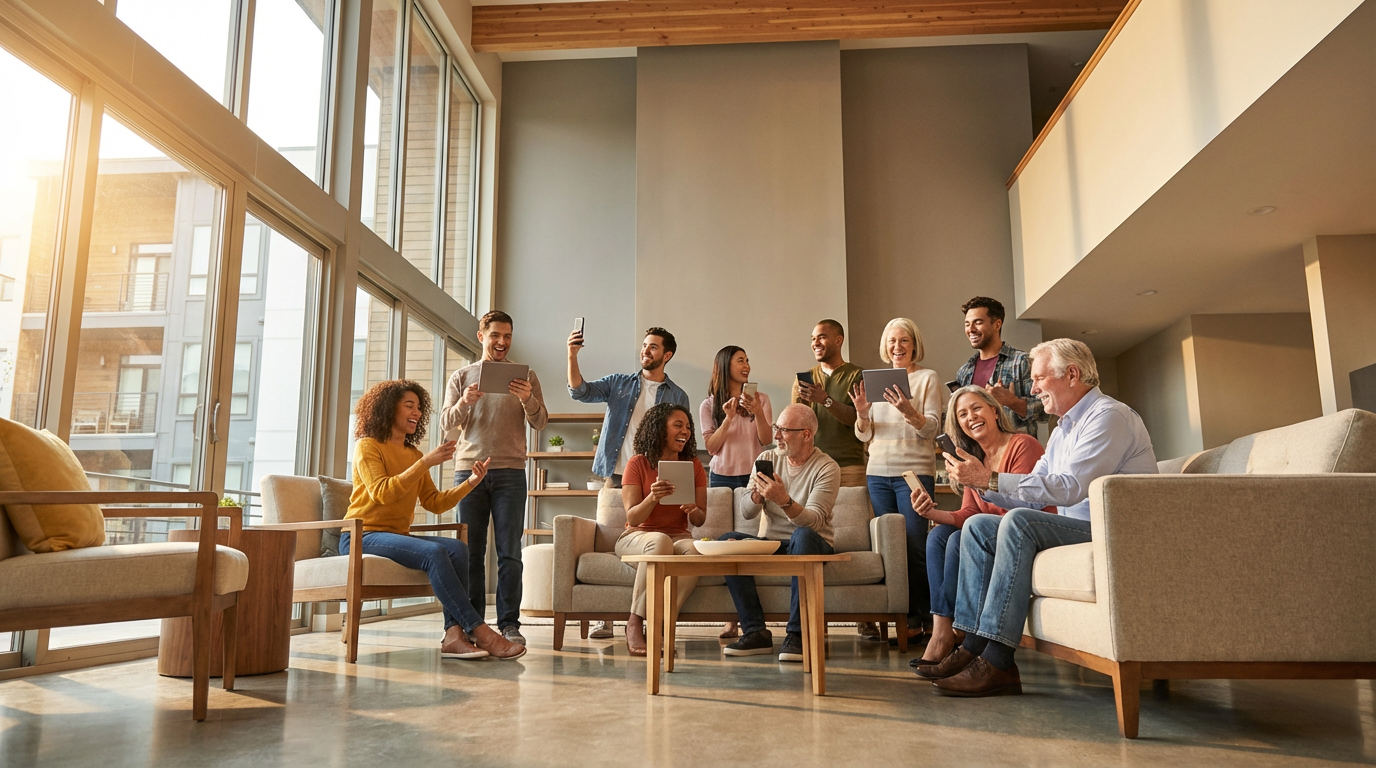 Residents enjoying seamless WiFi connectivity in Augusta apartment common area lounge