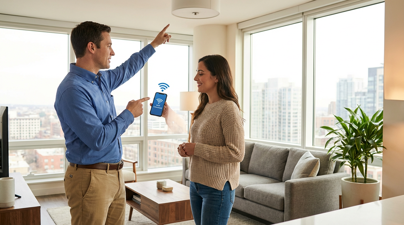 Augusta MDU Internet Provider support technician assisting apartment resident with connectivity setup