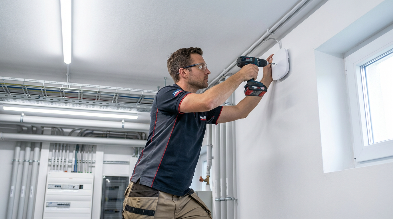 Professional technician installing fiber optic equipment in Clearwater apartment building utility room