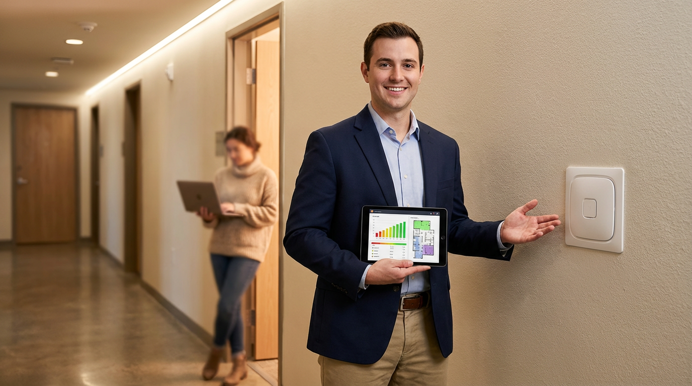 Network technician configuring managed WiFi system for College Station apartment complex