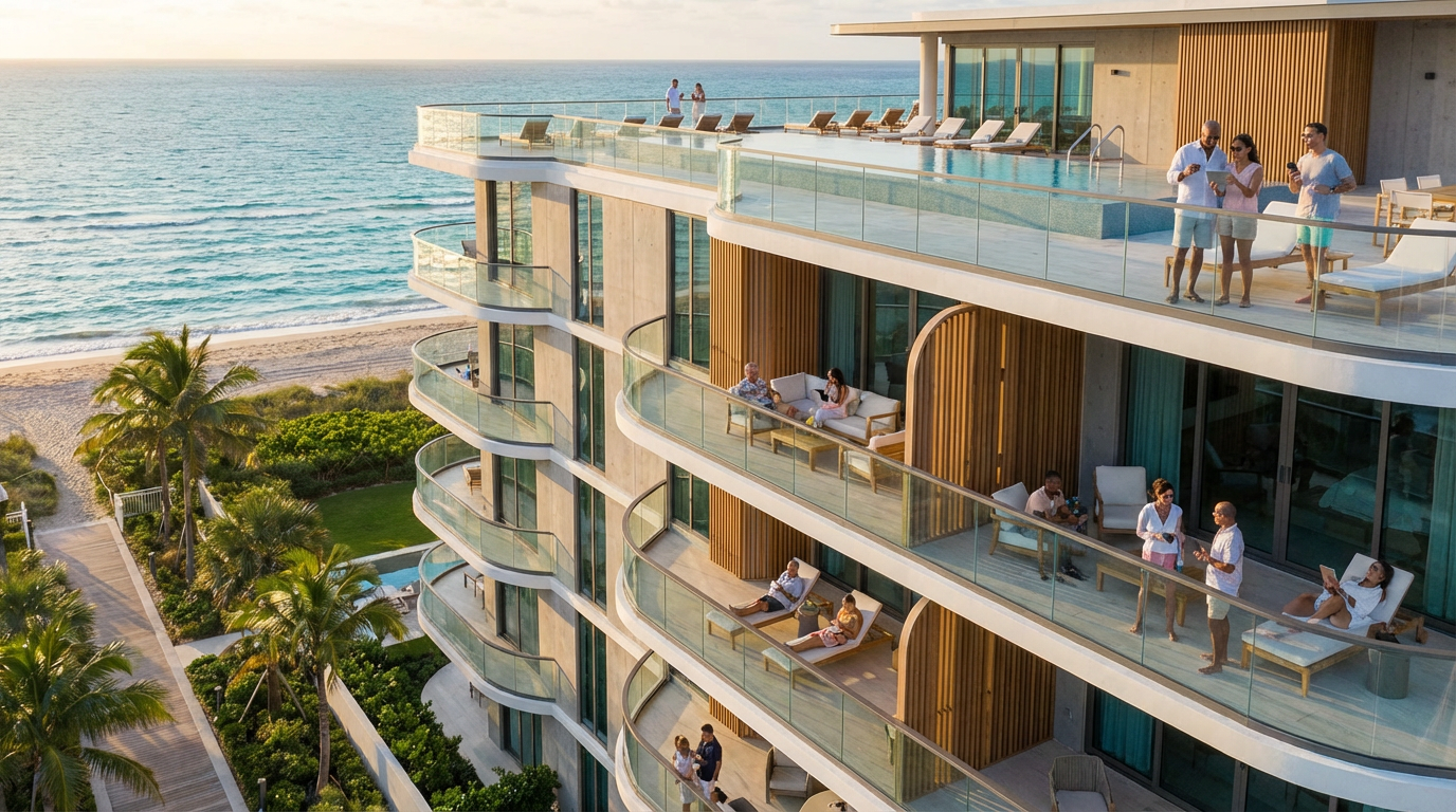 Aerial view of Deerfield Beach oceanfront condominiums and apartment buildings with modern architecture