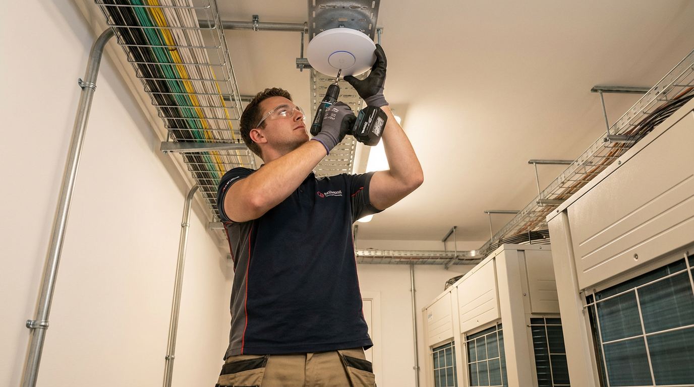 Fiber optic cable installation technician working in apartment building telecommunications room