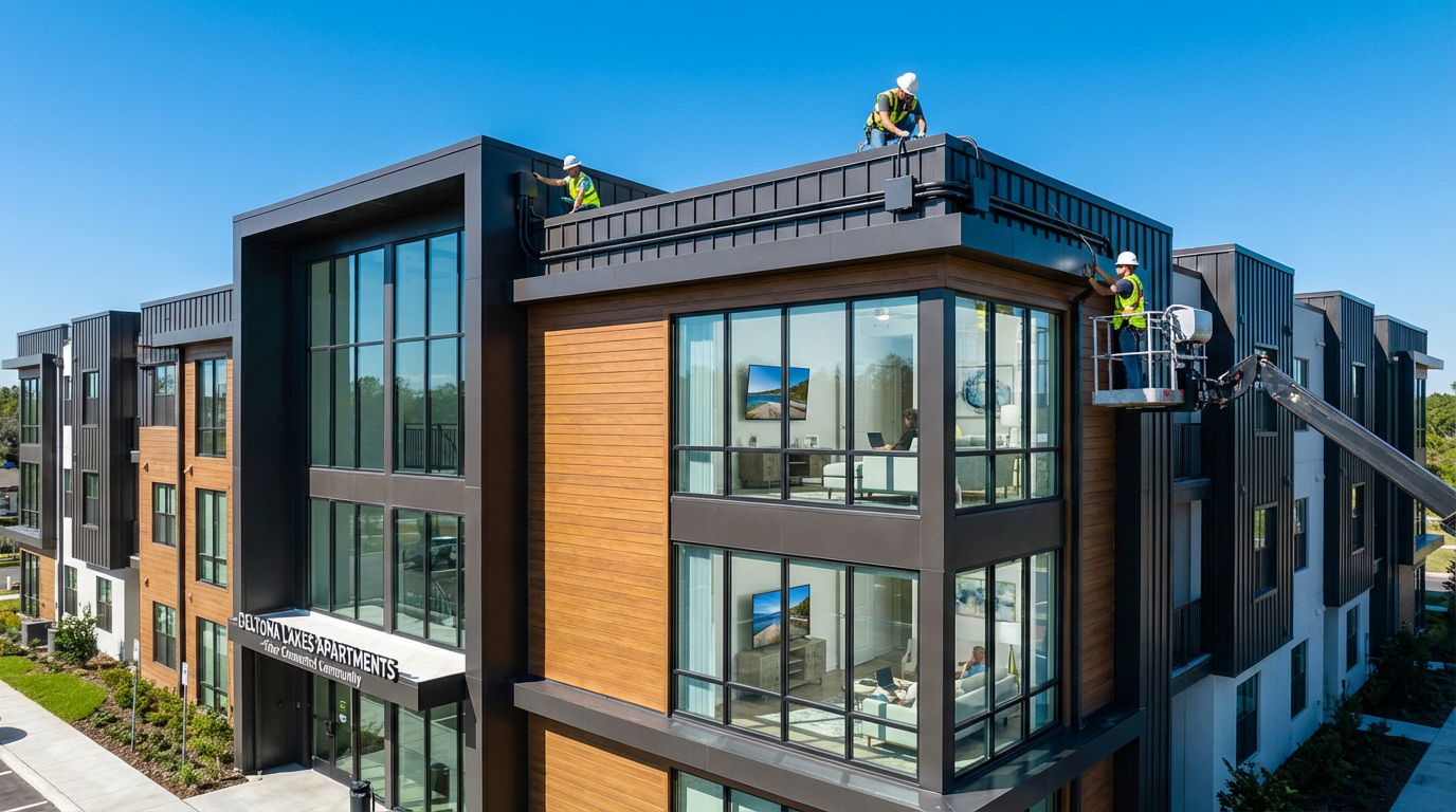 Modern apartment building in Deltona with fiber optic internet infrastructure installation