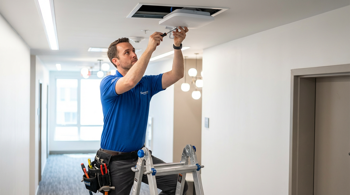 Network technician installing fiber optic equipment in Deltona apartment building