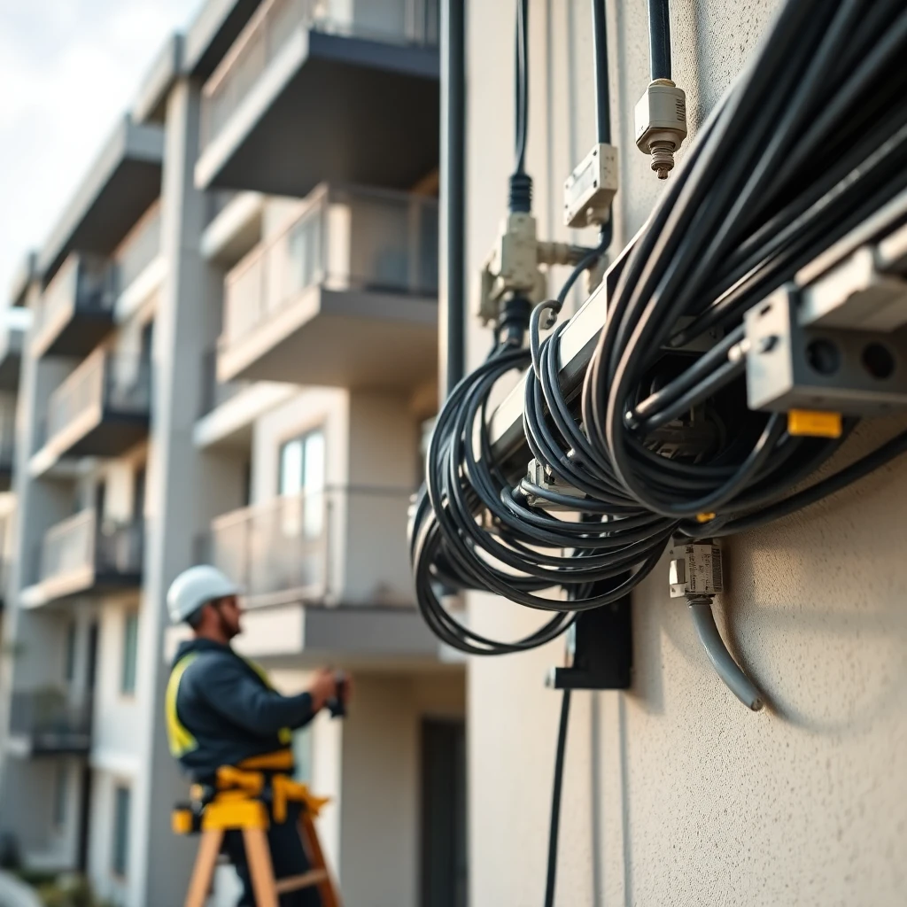 Modern Florida apartment complex with fiber optic internet infrastructure installation in progress