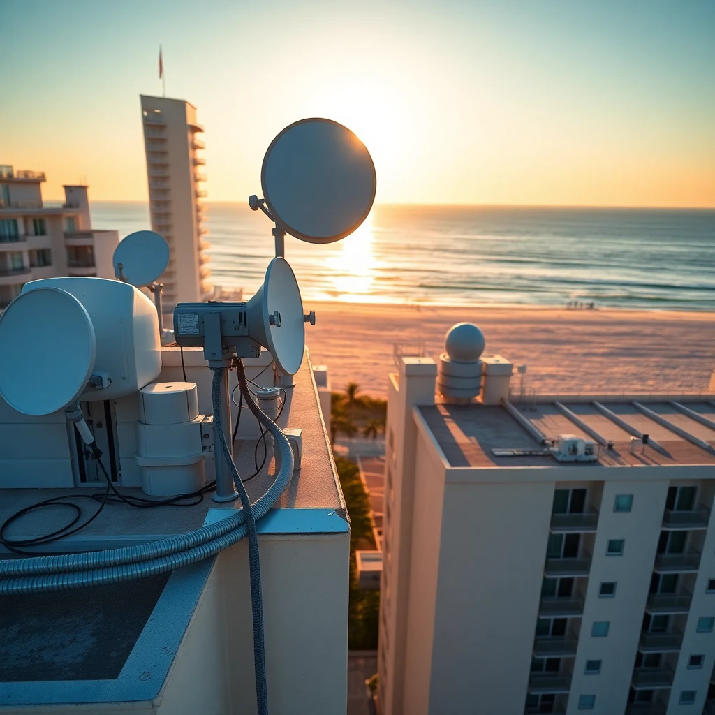 Aerial view of Florida coastal condominium complex with modern telecommunications infrastructure