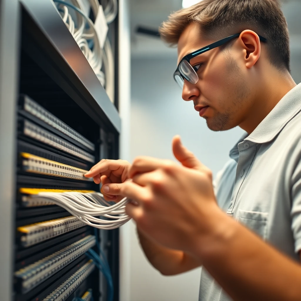 Network technician installing fiber optic equipment in apartment building telecommunications room