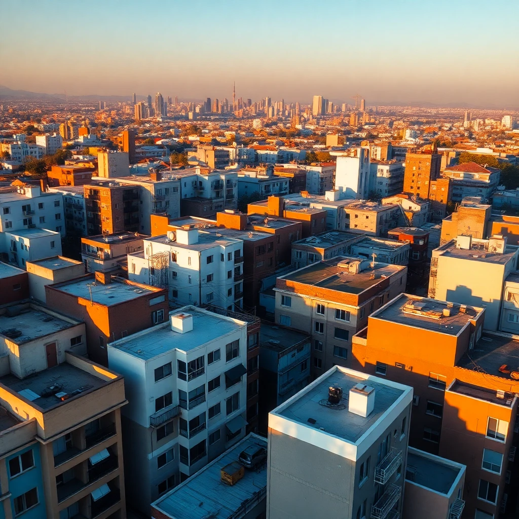Aerial view of Los Angeles skyline showing diverse multi-dwelling unit buildings