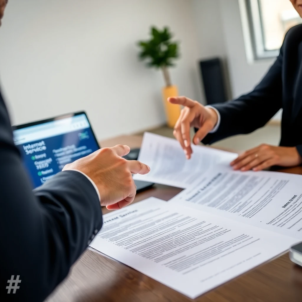 Property manager reviewing Palm Coast MDU Internet Provider contract documents with service representative