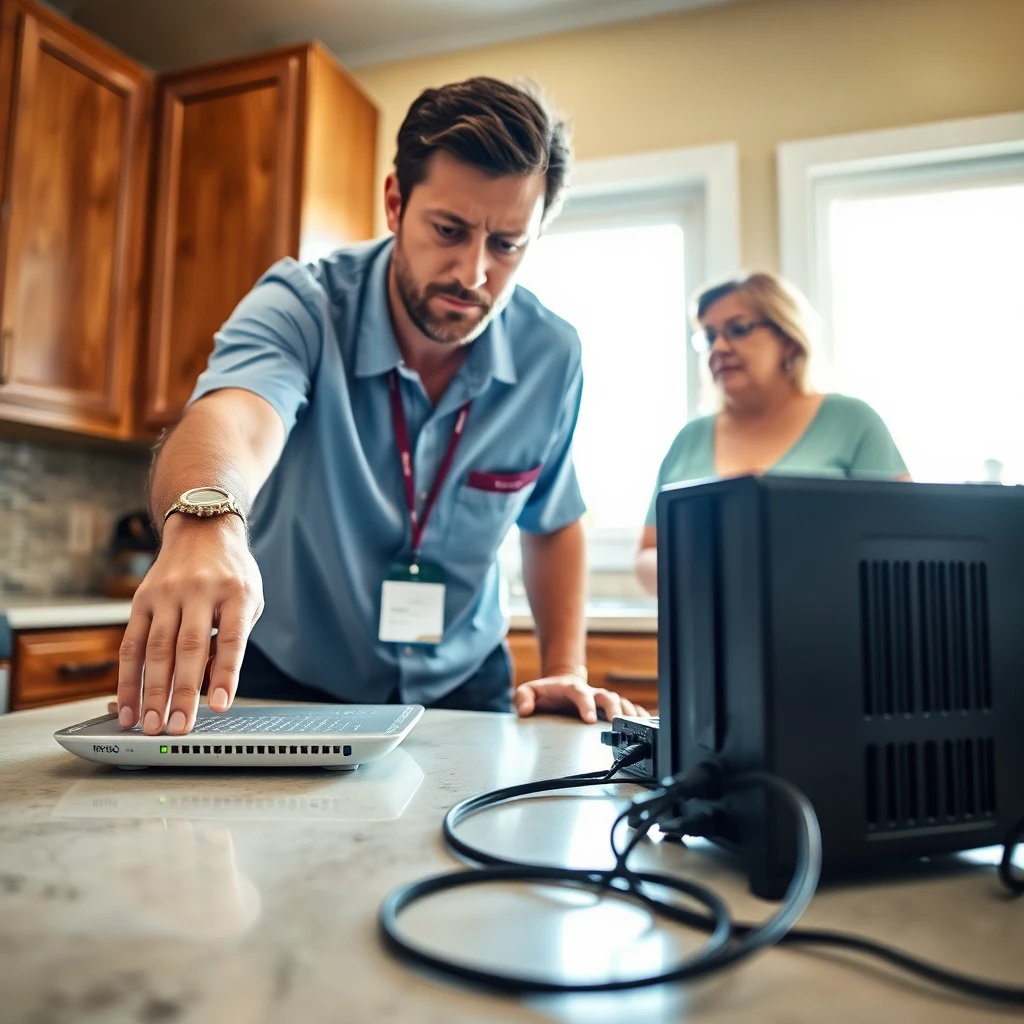 Customer support technician from Pensacola MDU Internet Provider assisting resident with connectivity setup