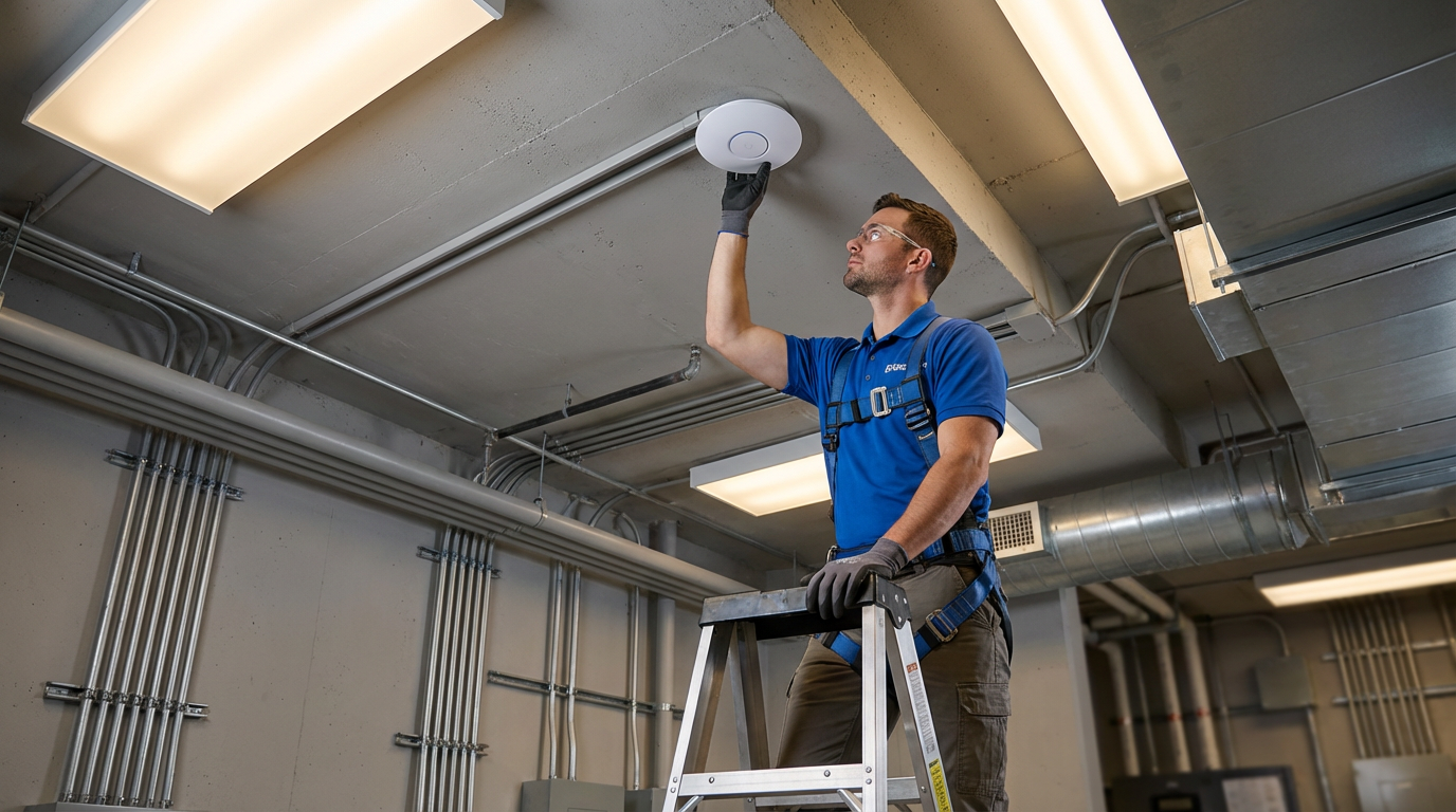 Technician installing fiber optic cables in Rockford apartment building utility room