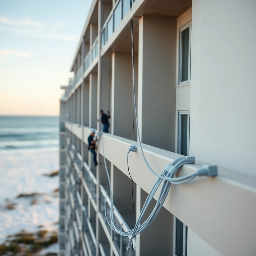 Modern beachside condominium complex in Santa Rosa Beach with fiber optic installation visible