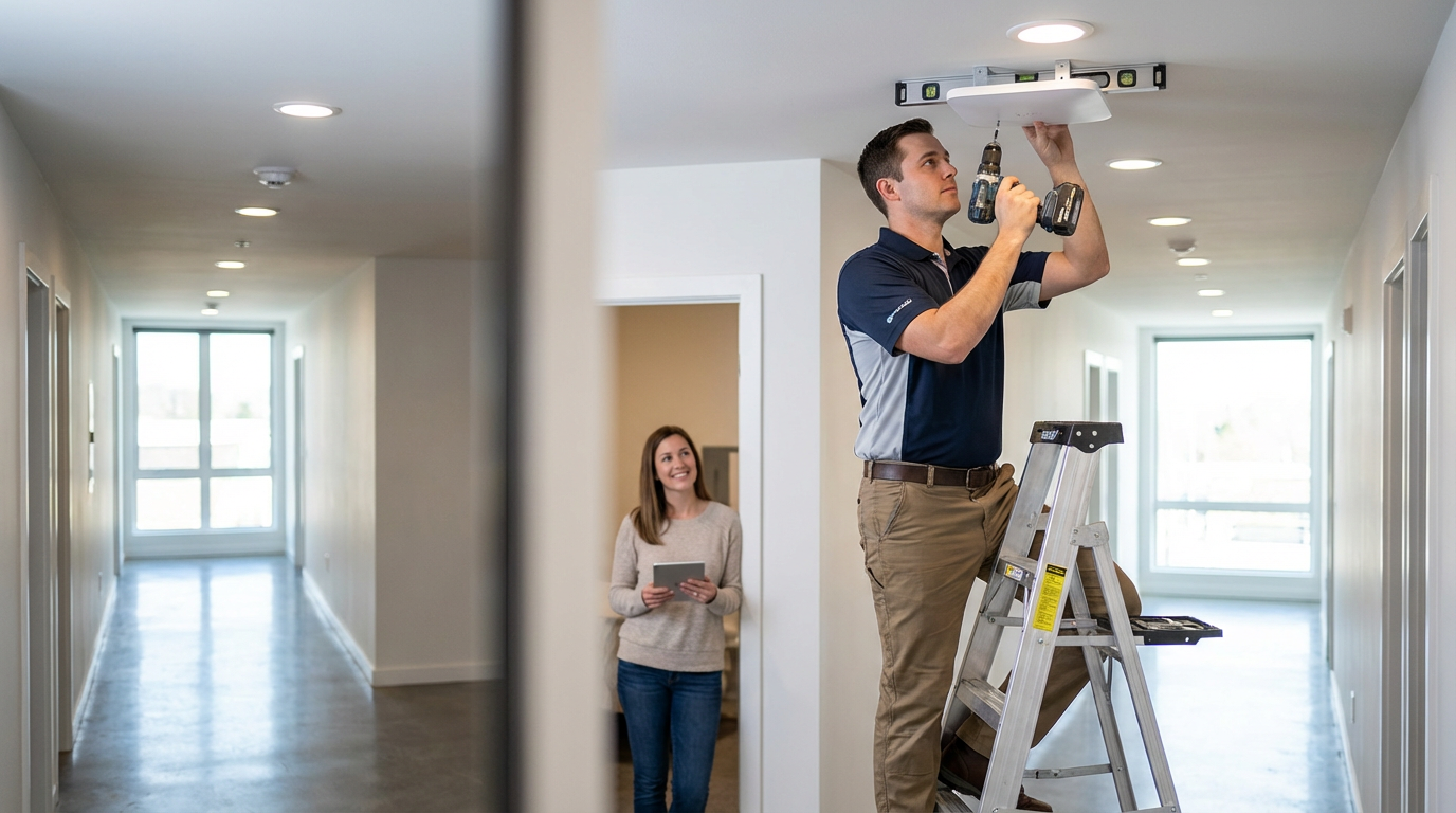 Fiber optic cables being installed in Spartanburg MDU property with technician demonstrating proper techniques