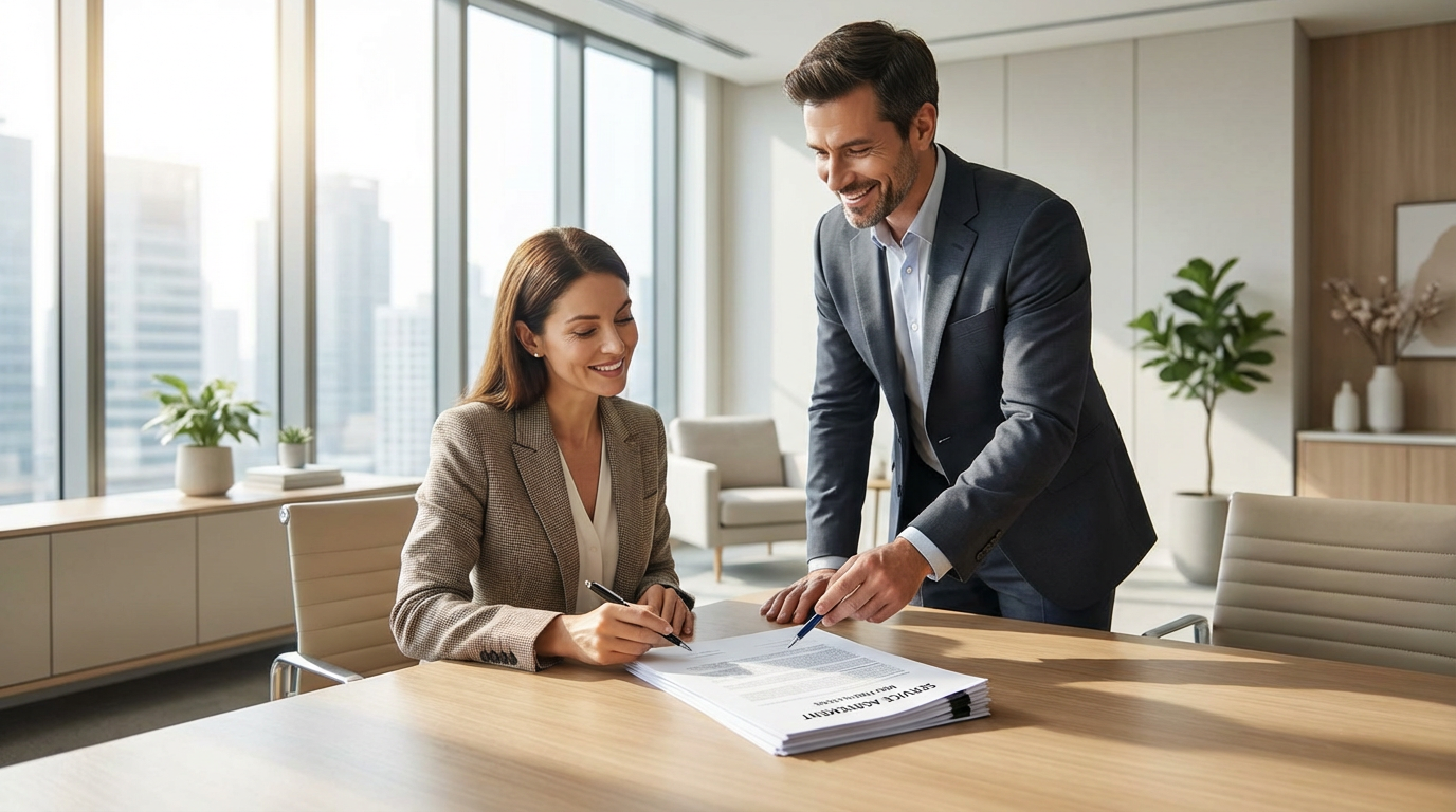 Property owner signing Springfield MDU Internet Provider service agreement with provider representative