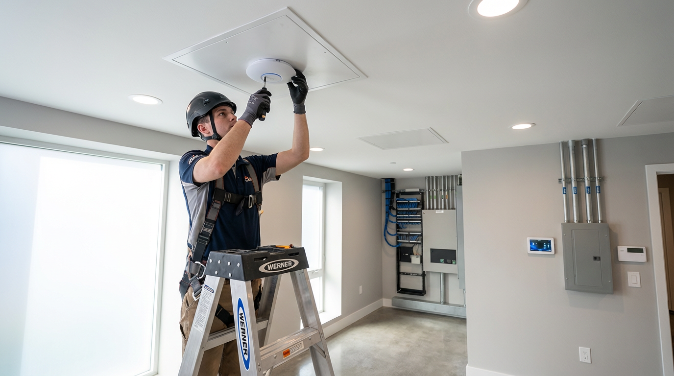 Technician installing fiber optic equipment in Toledo apartment building utility room