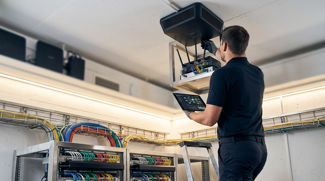 Technician installing fiber-optic cables in Wichita apartment building's network closet
