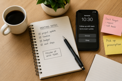 Desk with notebook, phone reminders, sticky notes, coffee, and plant showing external supports for ADHD working memory in adults.