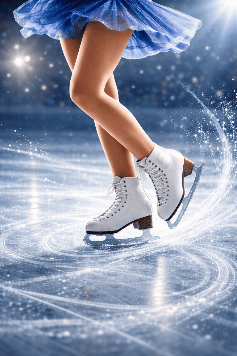 A figure skater in a blue skating dress glides on ice with white skates, creating sparkling swirl patterns.