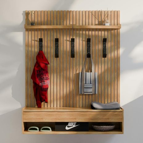 pexels-photo-31152180-1 modern wooden hallway organizer with fashion items