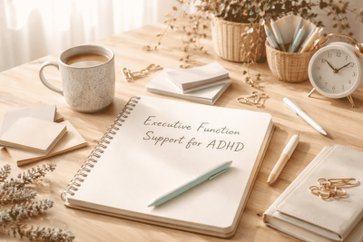 Calming workspace with a notebook, planner, clock, and visual tools representing ADHD executive function support.