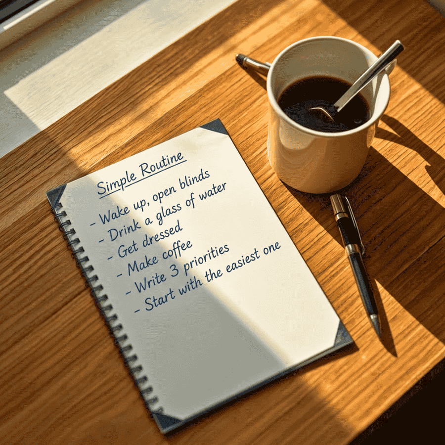 Notebook with a handwritten simple ADHD daily routine: open blinds, drink water, get dressed, make coffee, write 3 priorities, and start with the easiest one.