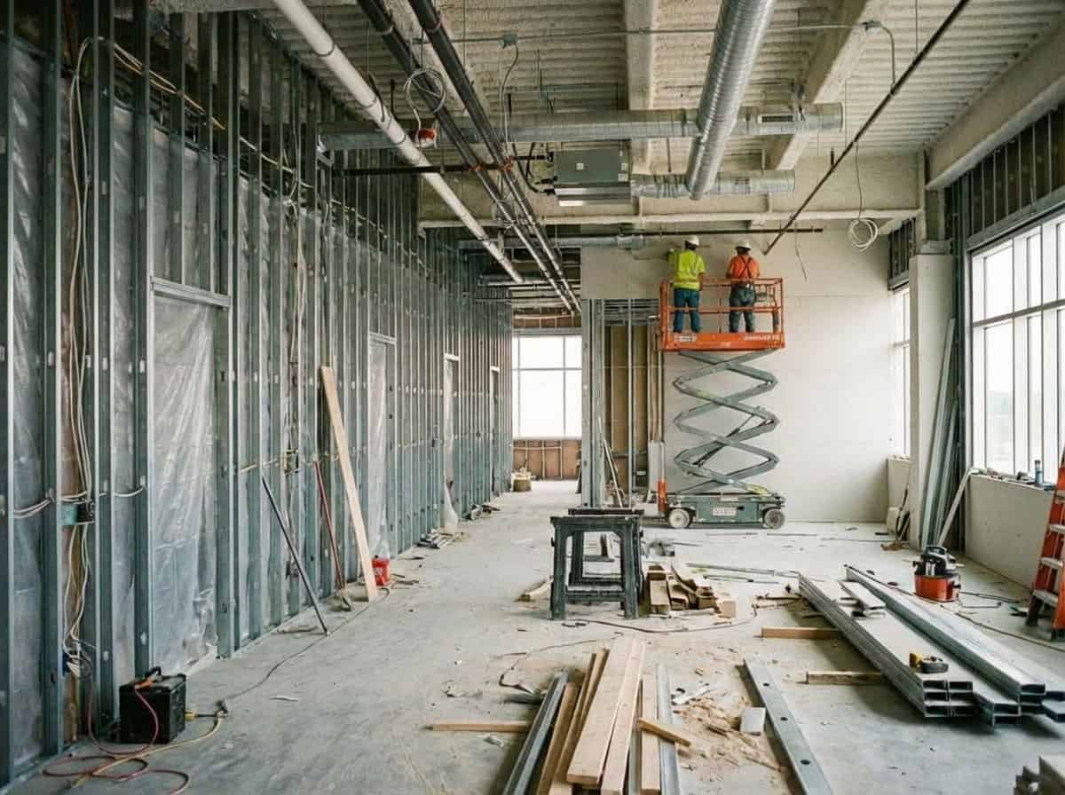 Construction workers installing drywall and framing in a commercial space under renovation.