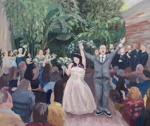 Live wedding painting of a couple with their hands up in the air in celebration at the altar