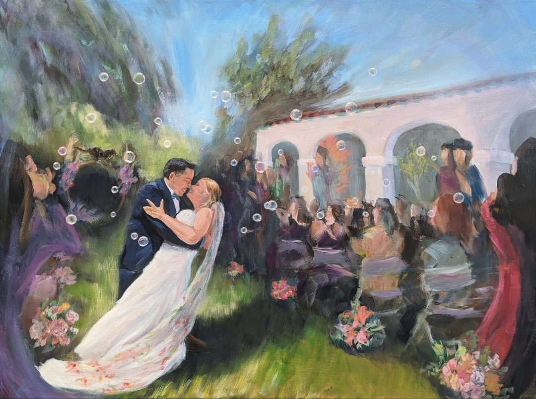 painting of a couple in their grand exit from the wedding altar, surrounded by a blurred crowd of friends blowing bubbles