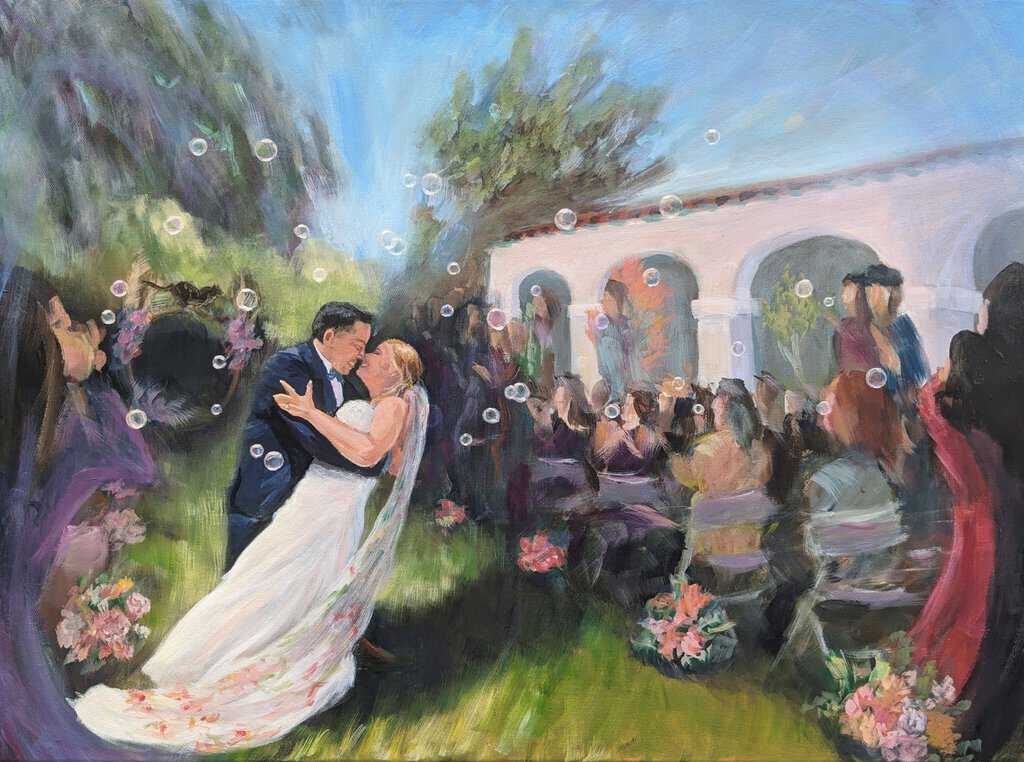 painting of a couple in their grand exit from the wedding altar, surrounded by a blurred crowd of friends blowing bubbles