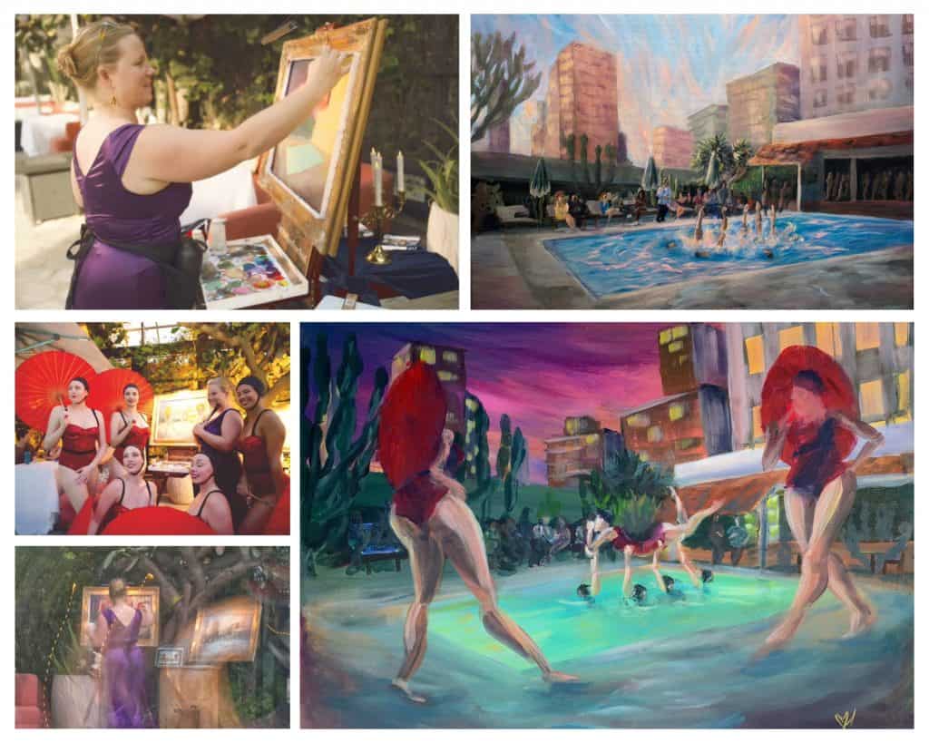 A collage of pictures from Heidi Neilson live painting the Aqualillies and KCRW presents Supper Splash at the Hotel Figueroa, downtown LA