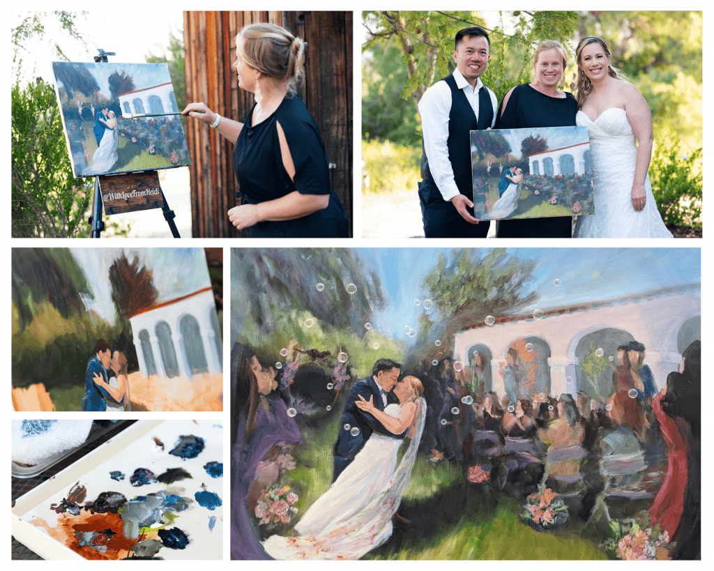 A collage of images of Heidi Neilson doing live wedding painting in Southern California