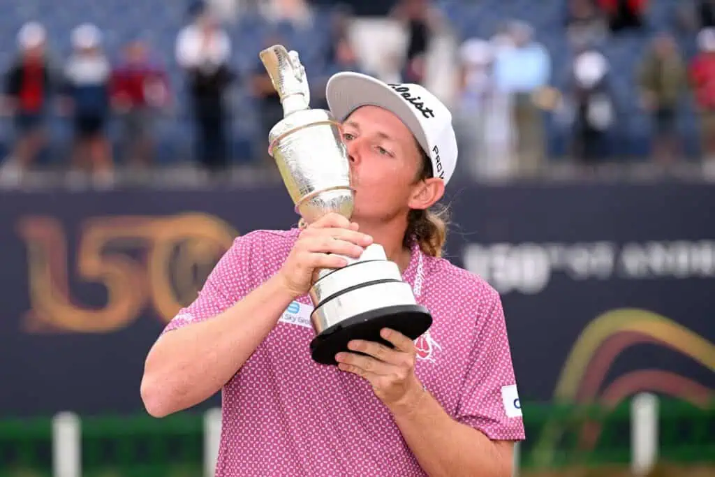Cameron Smith lifts the Claret Jug at the 150th Open