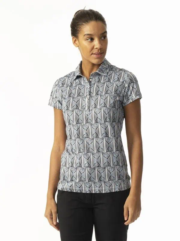 Daily Sports Ladies Stripy Leaf Print Quick Dry Cap Sleeve Polo Shirt