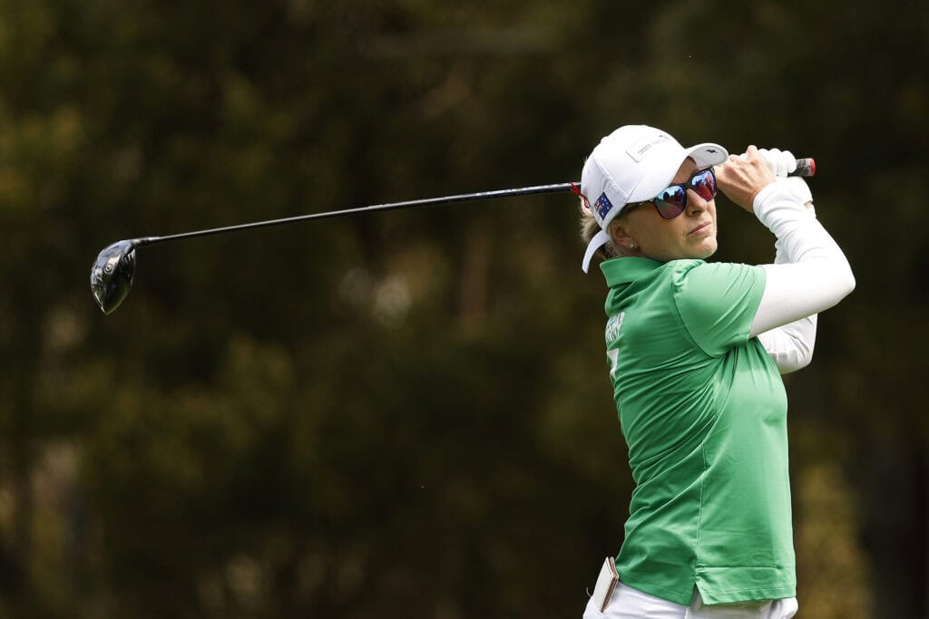 SAN FRANCISCO, CALIFORNIA - MAY 04: Sarah Kemp of Team Australia plays her shot from the third tee during day one of the Hanwha LIFEPLUS International Crown at TPC Harding Park on May 04, 2023 in San Francisco, California. (Photo by Mike Mulholland/Getty Images)