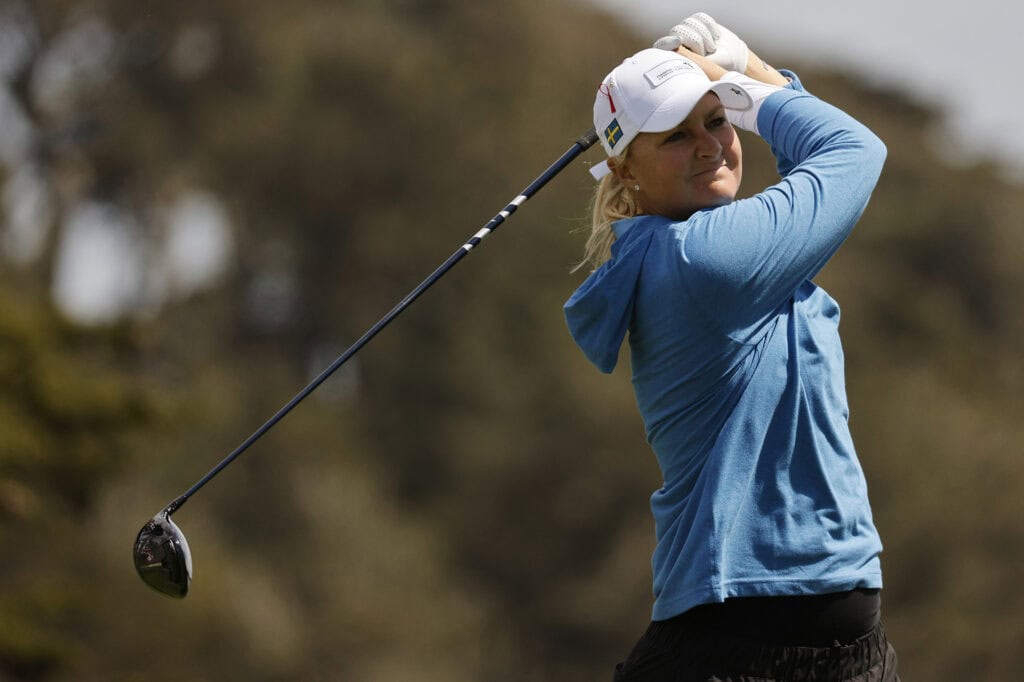 SAN FRANCISCO, CALIFORNIA - MAY 04: Anna Nordqvist of Team Sweden plays her shot from the 12th tee during day one of the Hanwha LIFEPLUS International Crown at TPC Harding Park on May 04, 2023 in San Francisco, California. (Photo by Mike Mulholland/Getty Images)