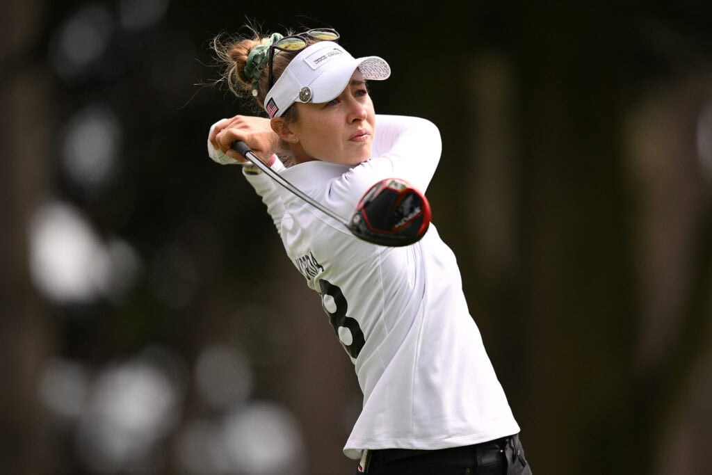 SAN FRANCISCO, CALIFORNIA - MAY 04: Nelly Korda of Team United States plays her shot from the 11th tee during day one of the Hanwha LIFEPLUS International Crown at TPC Harding Park on May 04, 2023 in San Francisco, California. (Photo by Orlando Ramirez/Getty Images)