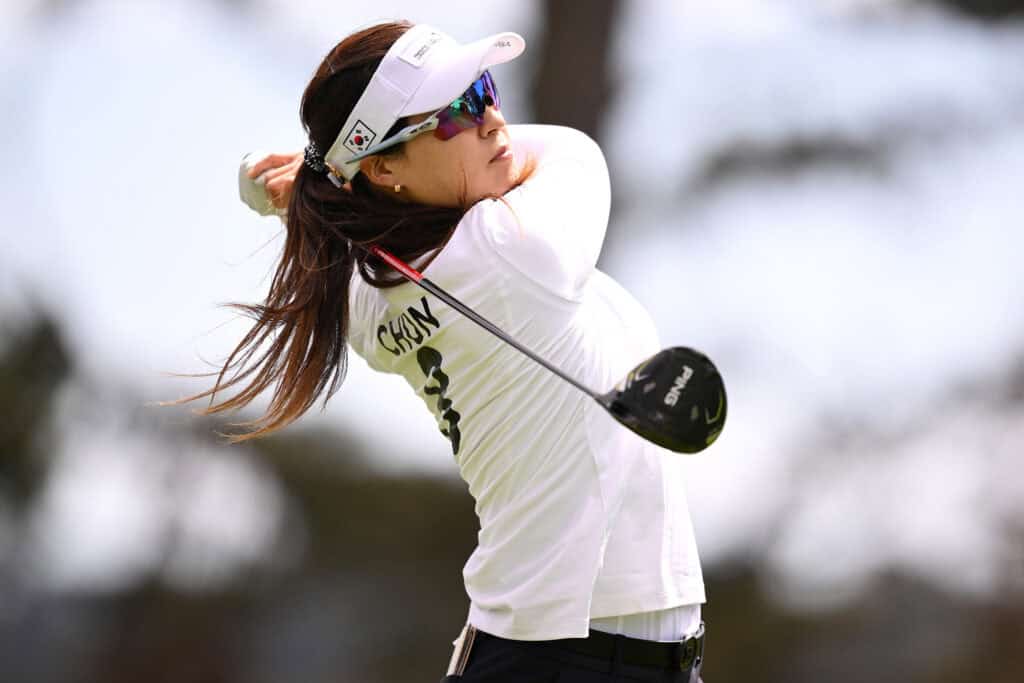 SAN FRANCISCO, CALIFORNIA - MAY 04: In Gee Chun of Team Republic of Korea plays her shot from the 11th tee during day one of the Hanwha LIFEPLUS International Crown at TPC Harding Park on May 04, 2023 in San Francisco, California. (Photo by Orlando Ramirez/Getty Images)