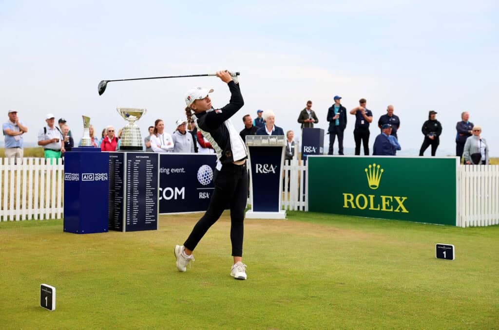 SANDWICH, ENGLAND - JUNE 18: Chiara Horder of Germany in action during Day Four of the R&A Women's Amateur Championship at Prince's Golf Club on June 18, 2023 in Sandwich, England. (Photo by Tom Dulat/R&A/R&A via Getty Images)