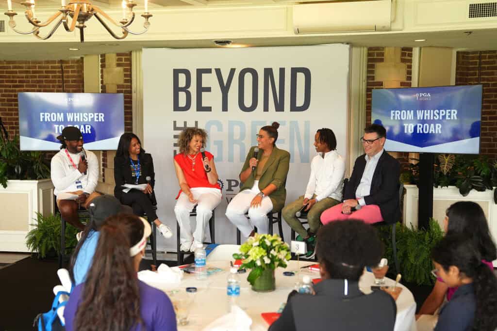 SPRINGFIELD, NJ - JUNE 19: Jacqueline Nickelberry, LPGA Foundation Board Member speaks during a Beyond the Green event before the KPMG Women's PGA Championship at Baltusrol Golf Club on Monday, June 19, 2023 in Springfield, New Jersey. (Photo by Darren Carroll/PGA of America)