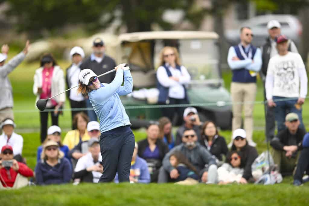 Leona Maguire tees off on the sixth hole during the first round of the 2023 U.S. Women's Open at Pebble Beach Golf Links in Pebble Beach, Calif. on Thursday, July 6, 2023. (Kathryn Riley/USGA)
