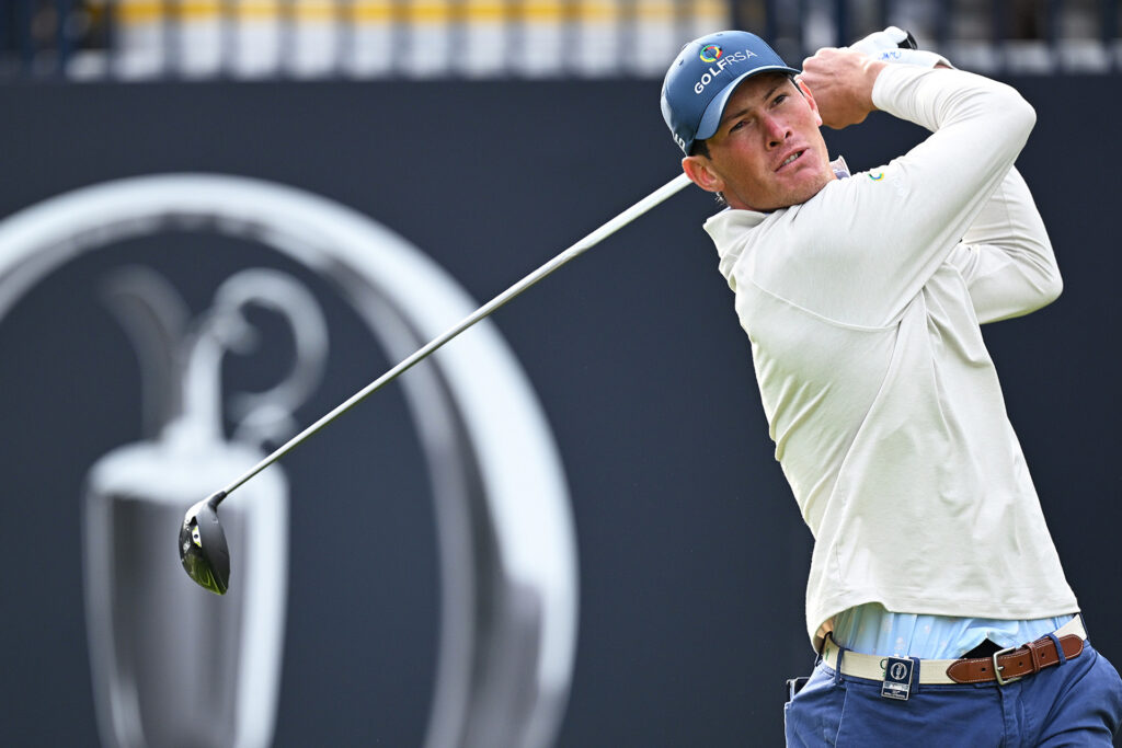 Christo Lamprecht of South Africa tees off the 1st during Day One of The 151st Open at Royal Liverpool Golf Club on July 20, 2023 in Hoylake, England. (Photo by Stuart Franklin/R&A/R&A via Getty Images)