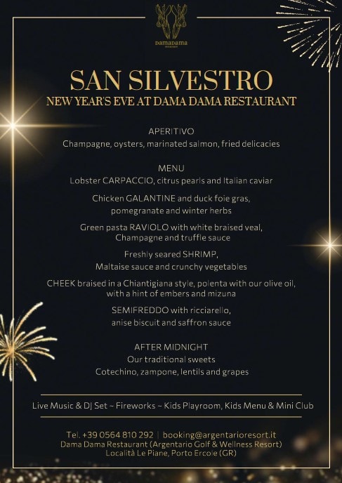 Dama Dama Restaurant New Year's Eve menu at Argentario Golf & Wellness Resort