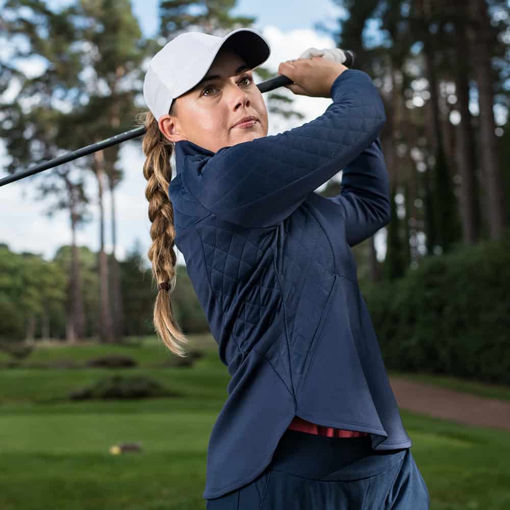 Long Sleeve Quilted Knit Stretch Zip Neck Top in Peacoat